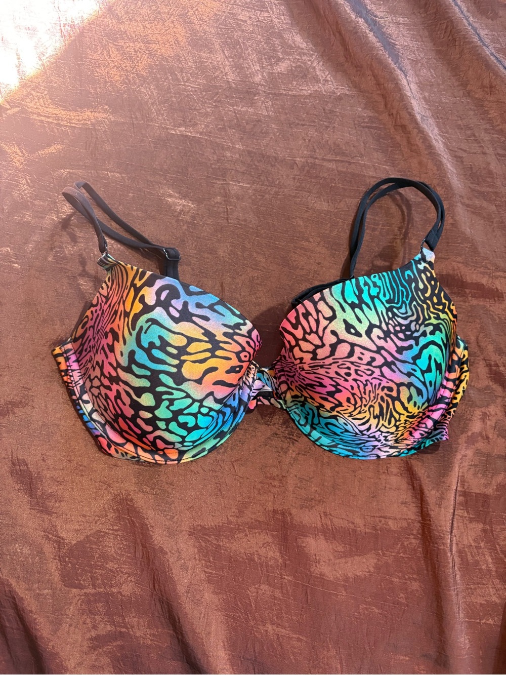 Victoria's Secret Rainbow Animal-Print Underwire Bra with Black Straps